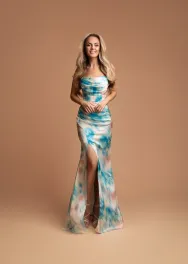 Strapless bloemenprint avondjurk