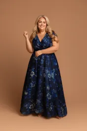 Marineblauwe bloemenprint galajurk